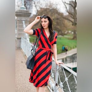 Tory Burch Red and Black Striped Wrap Midi Dress